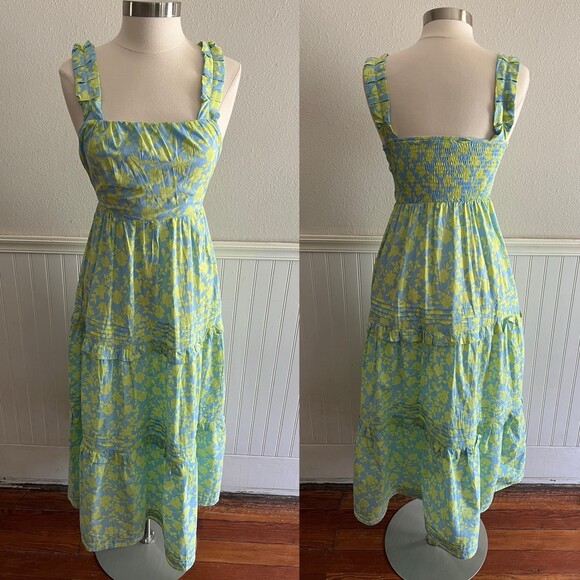 Avara Dresses & Skirts - Avara Tiered Maxi Dress Pleated Straps Ruffles Smocked Boho Blue Floral S